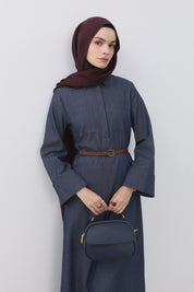 Denim Görünümlü Kemerli Elbise - İndigo
