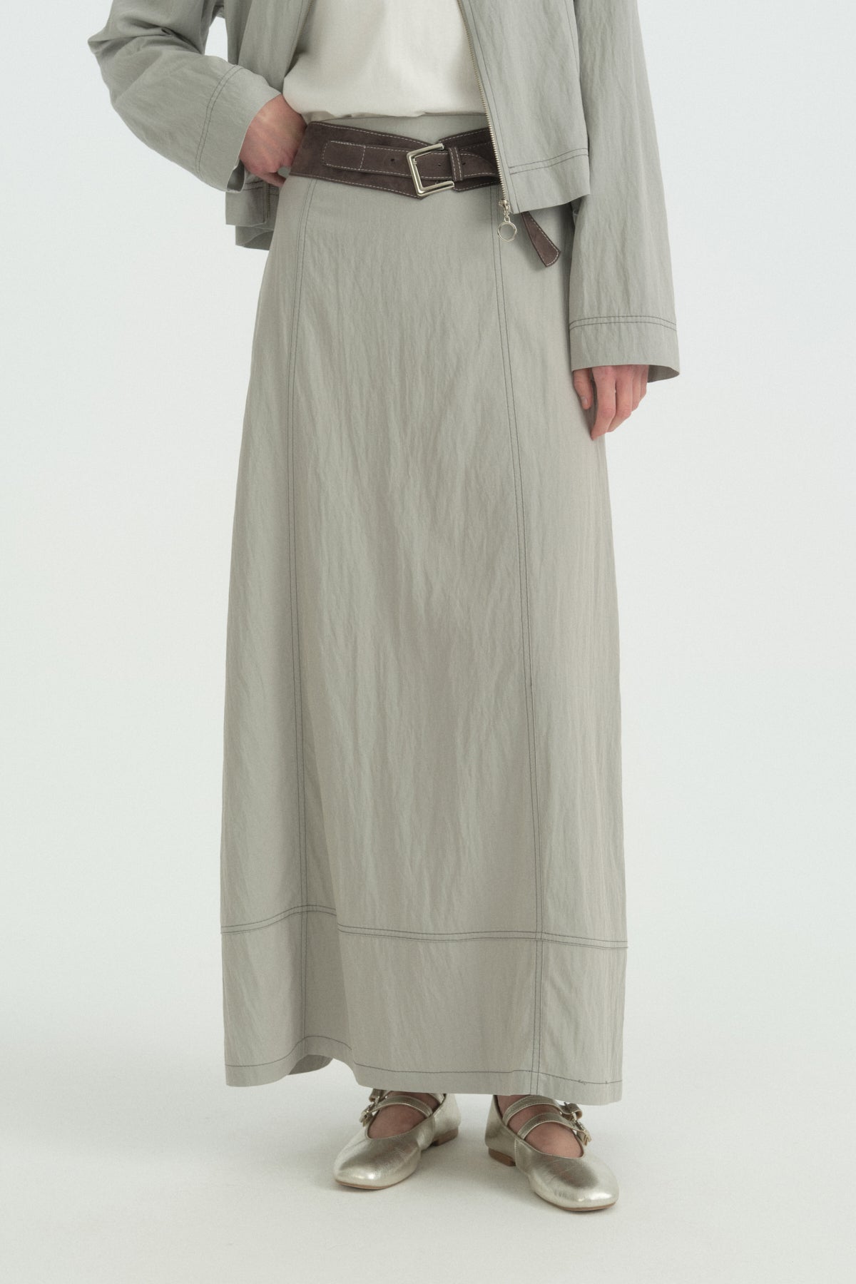 Denim Görünümlü Kemerli Rayon Etek - Gri