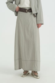 Denim Görünümlü Kemerli Rayon Etek - Gri