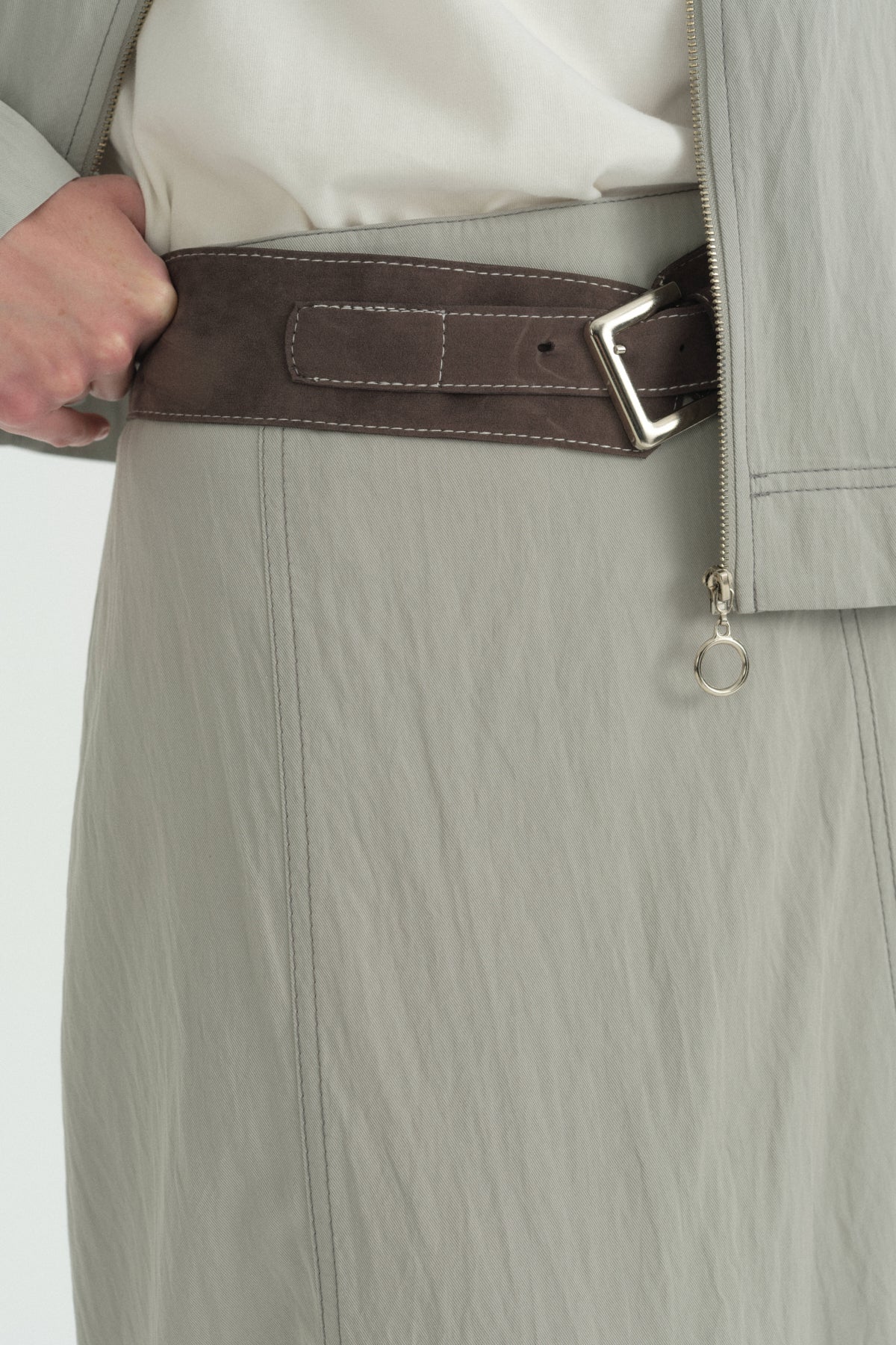 Denim Görünümlü Kemerli Rayon Etek - Gri