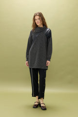 Asymmetrical Collar Sport Tunic with Leather Details - Black