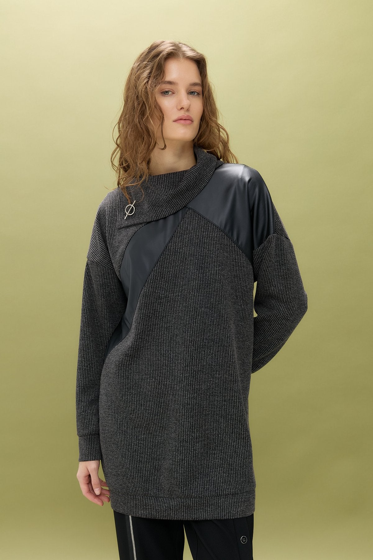 Asymmetrical Collar Sport Tunic with Leather Details - Black