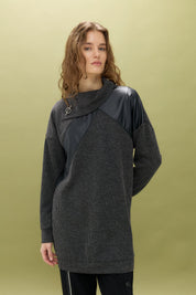 Asymmetrical Collar Sport Tunic with Leather Details - Black