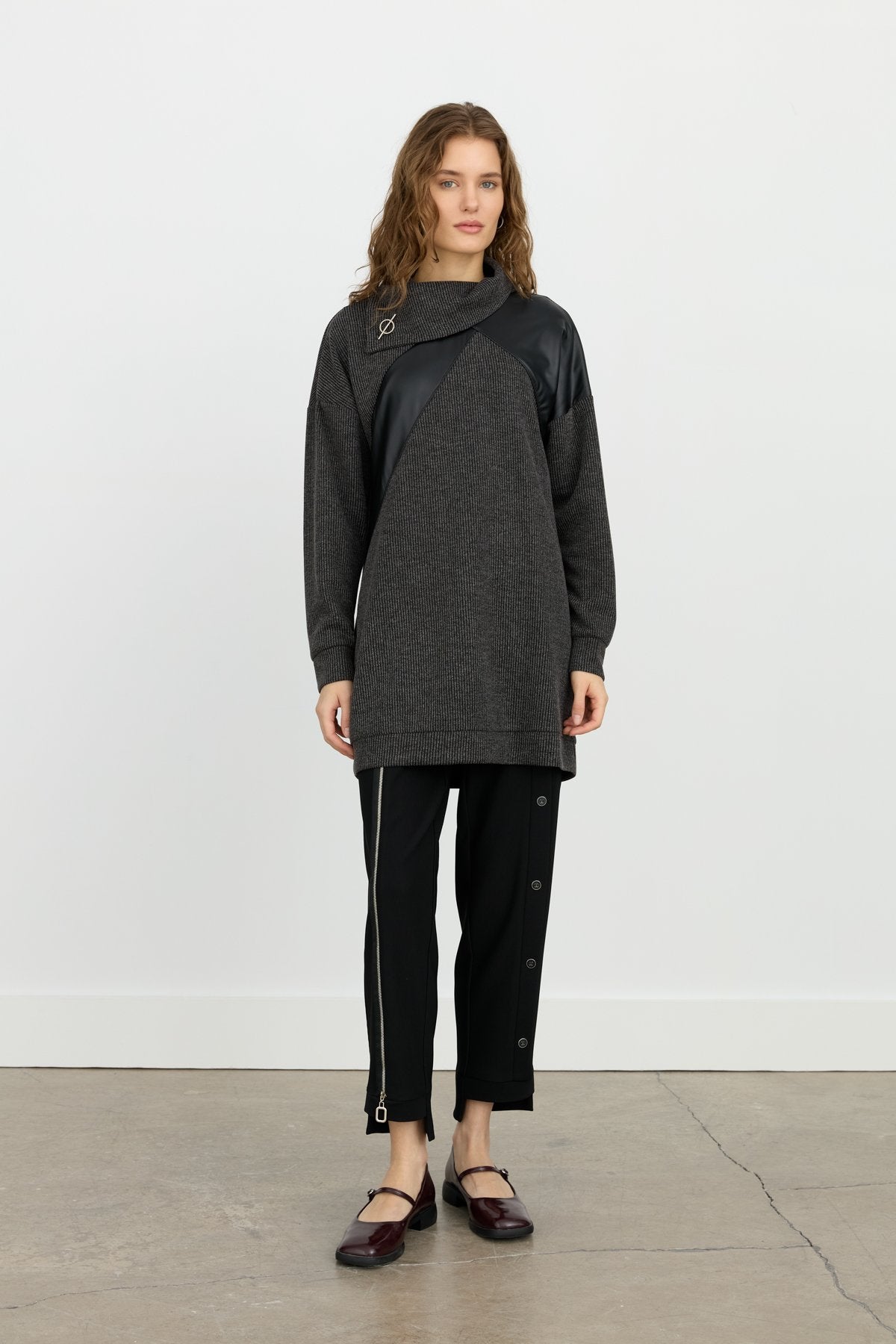 Asymmetrical Collar Sport Tunic with Leather Details - Black