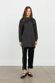 Asymmetrical Collar Sport Tunic with Leather Details - Black