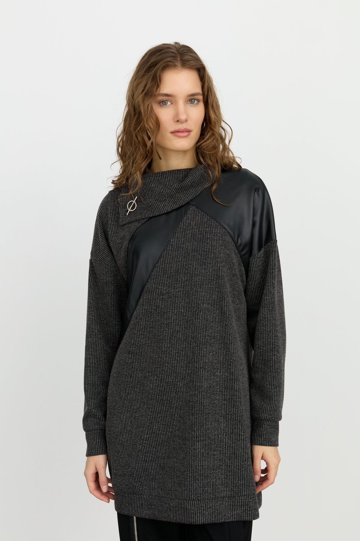 Asymmetrical Collar Sport Tunic with Leather Details - Black