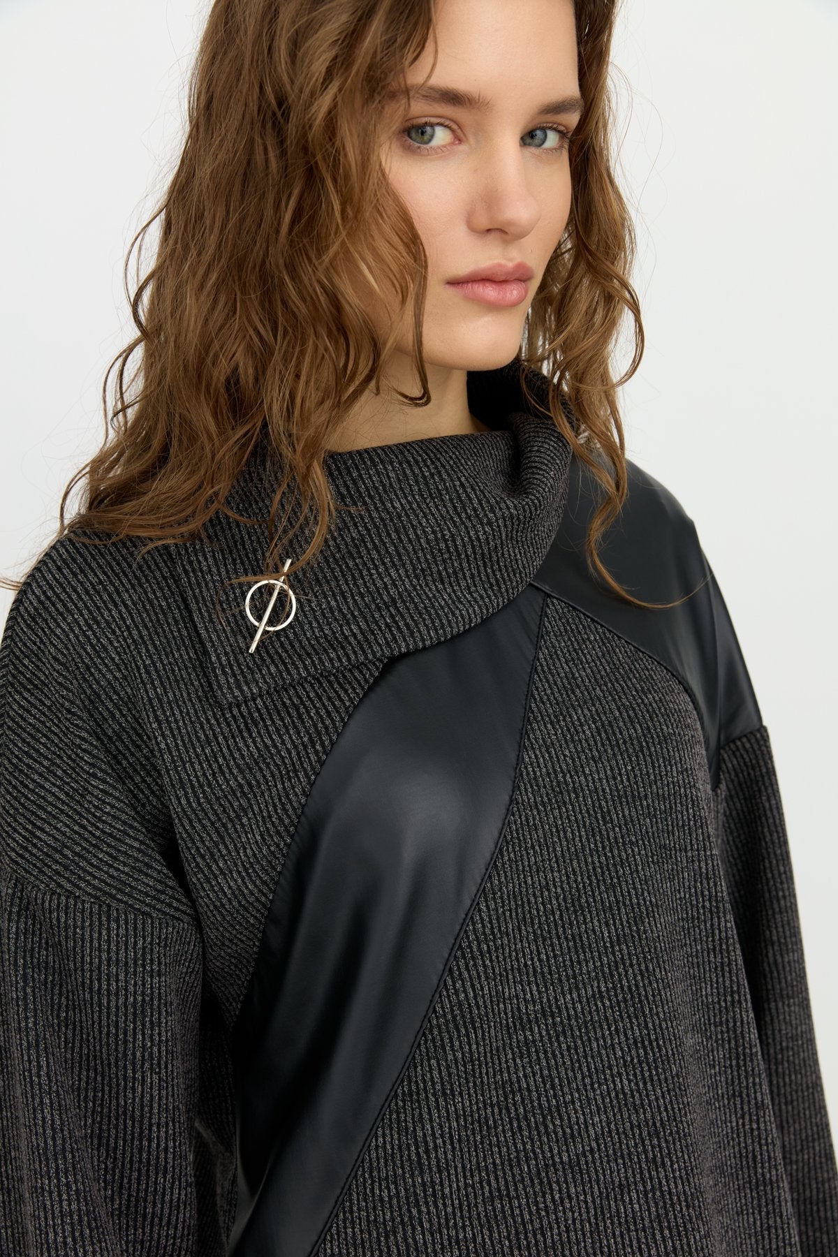 Asymmetrical Collar Sport Tunic with Leather Details - Black