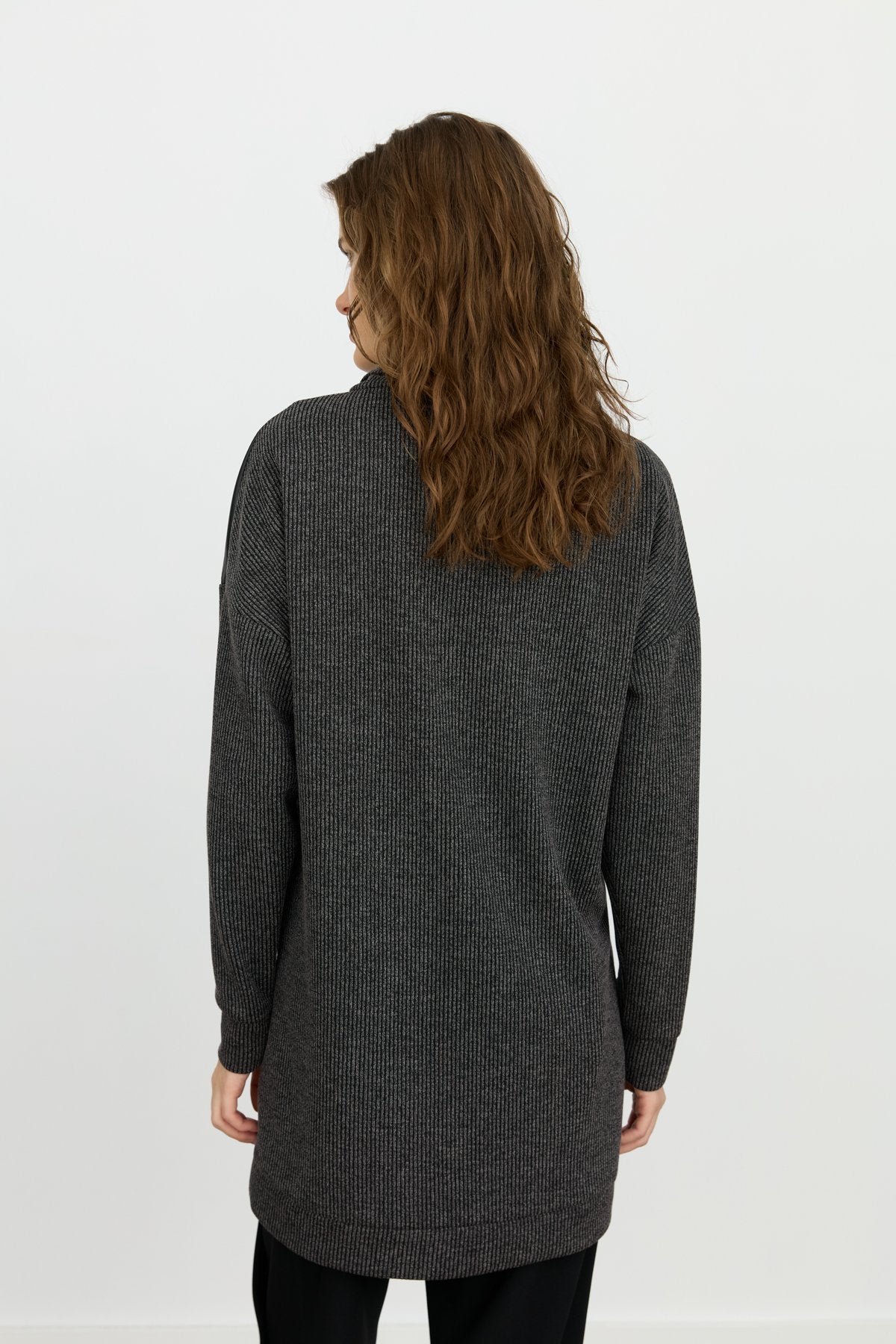Asymmetrical Collar Sport Tunic with Leather Details - Black