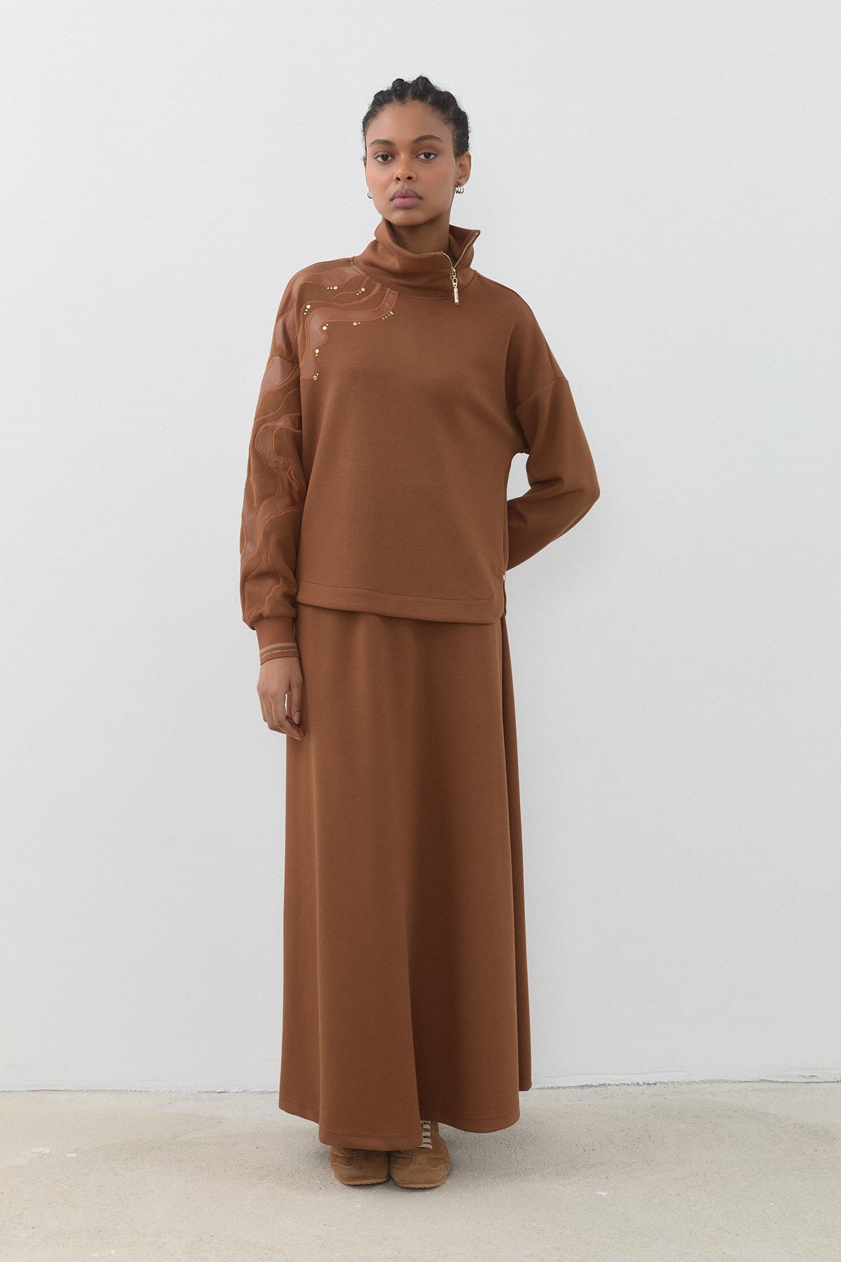 Leather Embroidered Skirt and Blouse Set - Light Brown