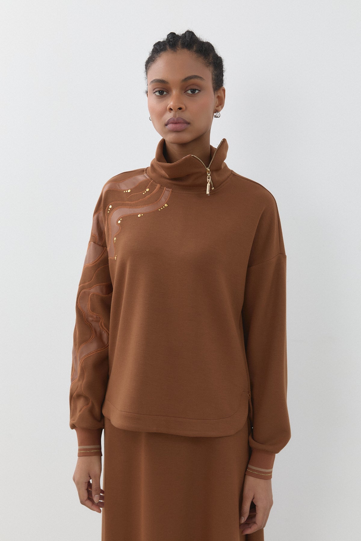 Leather Embroidered Skirt and Blouse Set - Light Brown