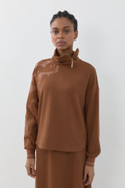 Leather Embroidered Skirt and Blouse Set - Light Brown