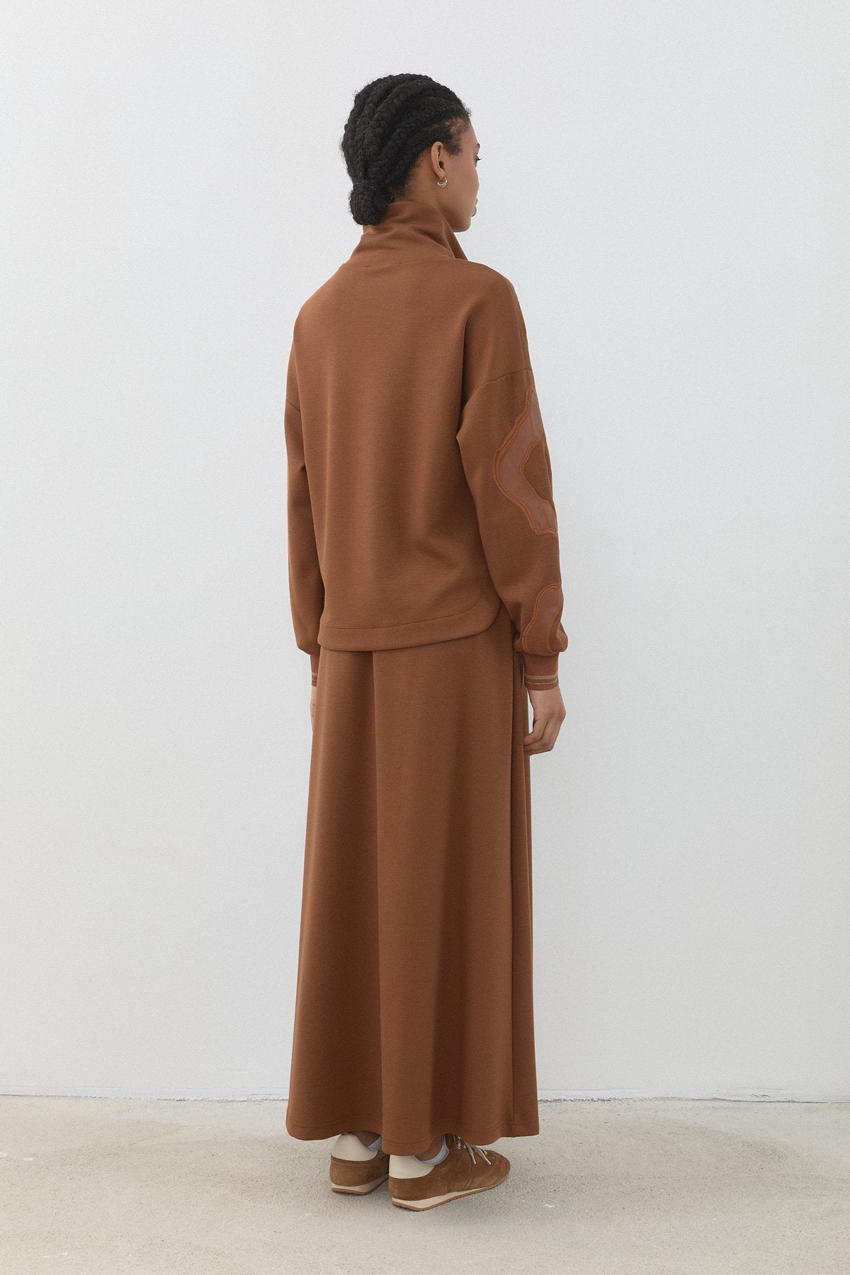 Leather Embroidered Skirt and Blouse Set - Light Brown