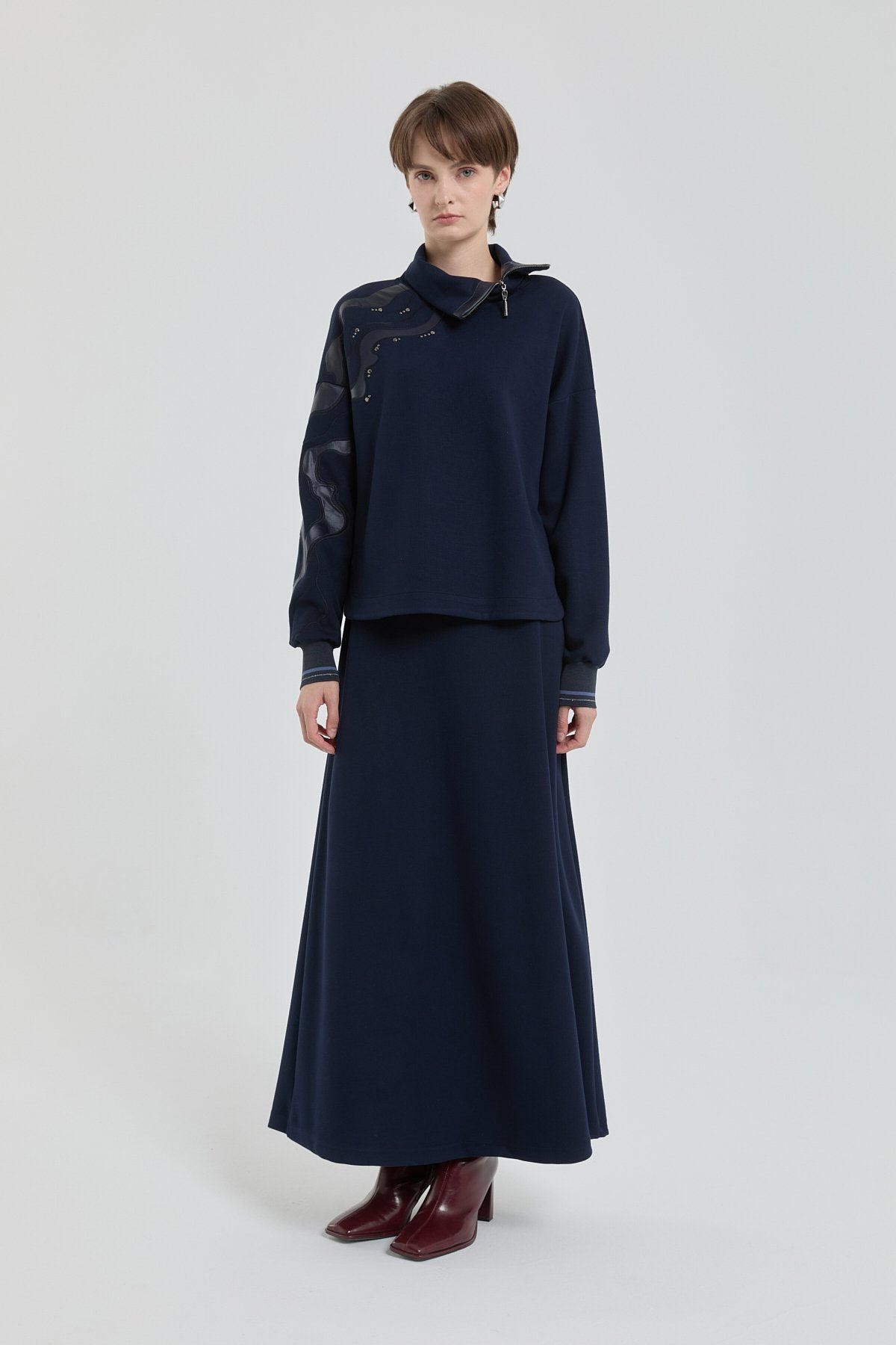Leather Embroidered Skirt and Blouse Set - Navy Blue