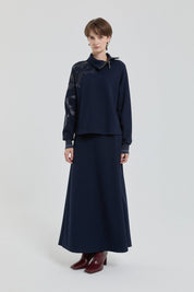 Leather Embroidered Skirt and Blouse Set - Navy Blue
