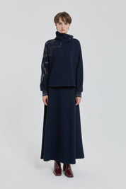 Leather Embroidered Skirt and Blouse Set - Navy Blue