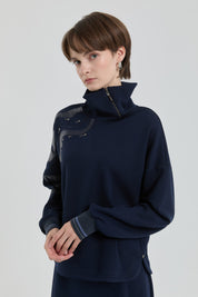 Leather Embroidered Skirt and Blouse Set - Navy Blue