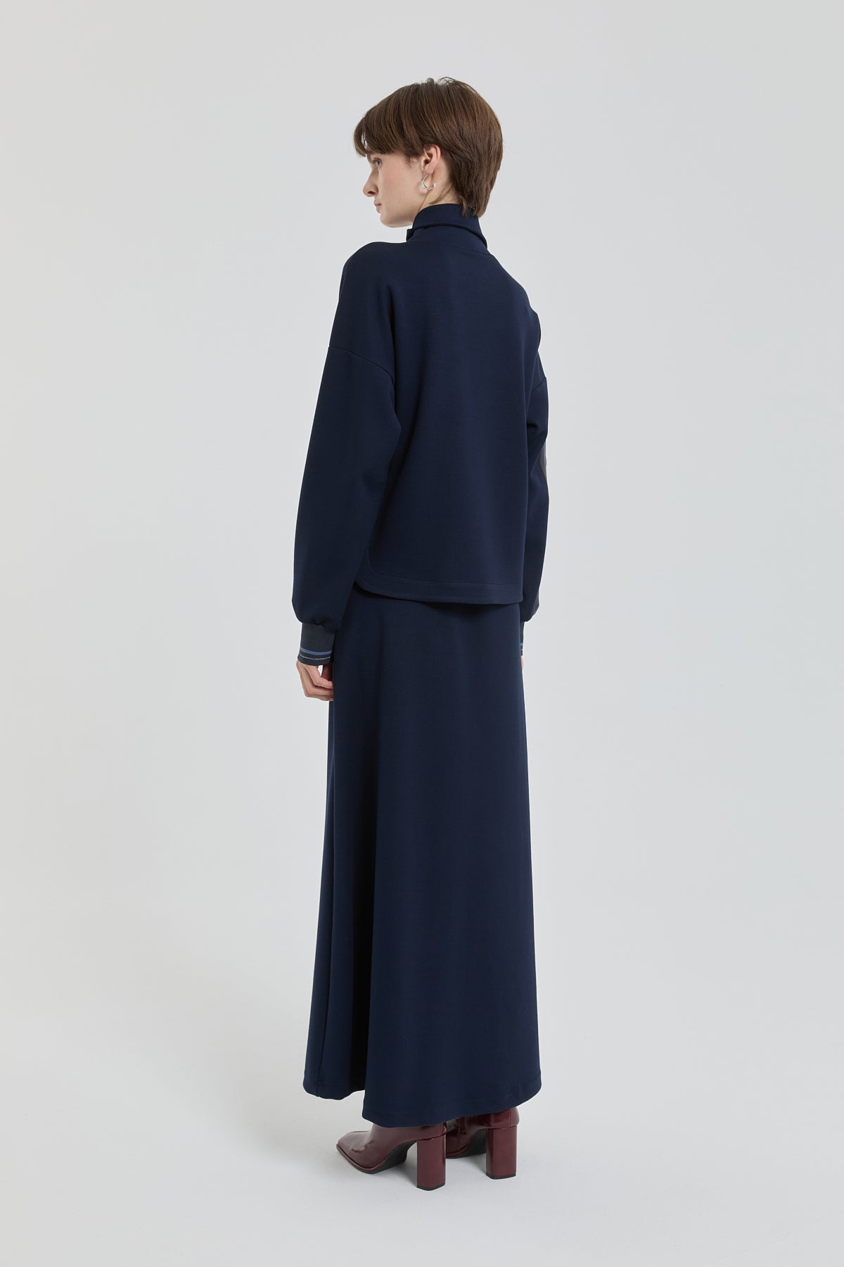 Leather Embroidered Skirt and Blouse Set - Navy Blue