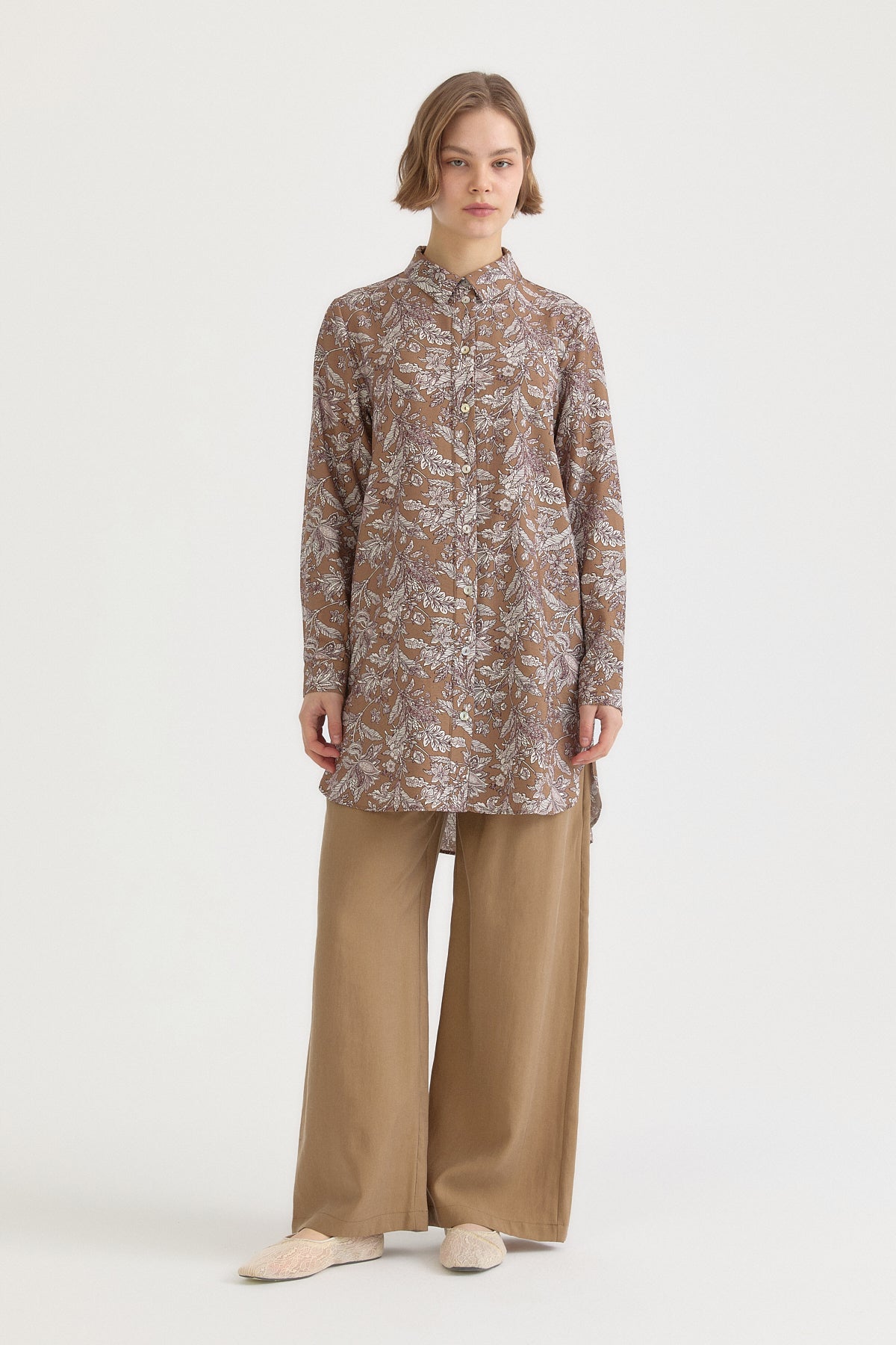 Desenli Basic Lyocell Tunik - Açık Kahve