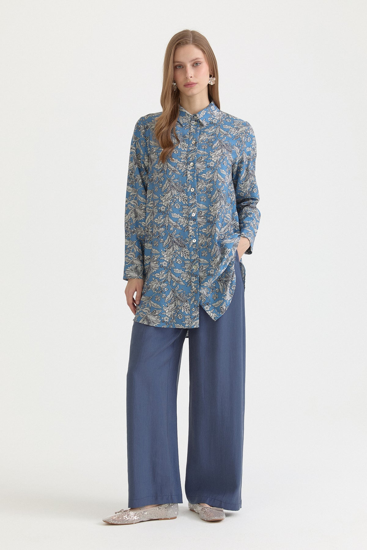 Desenli Basic Lyocell Tunik - İndigo