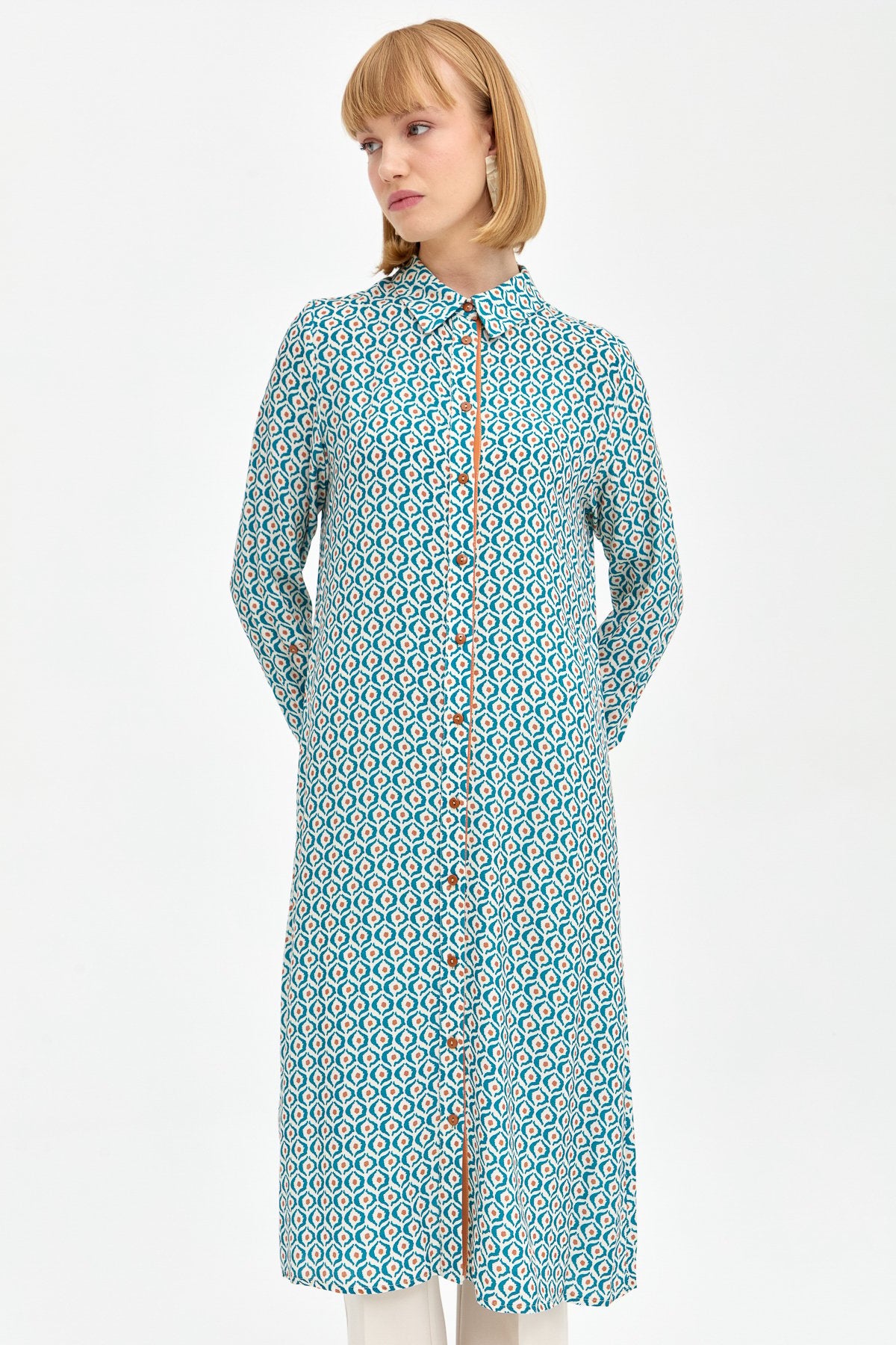 Patterned Fabric Straight Cut Tunic - Petrol