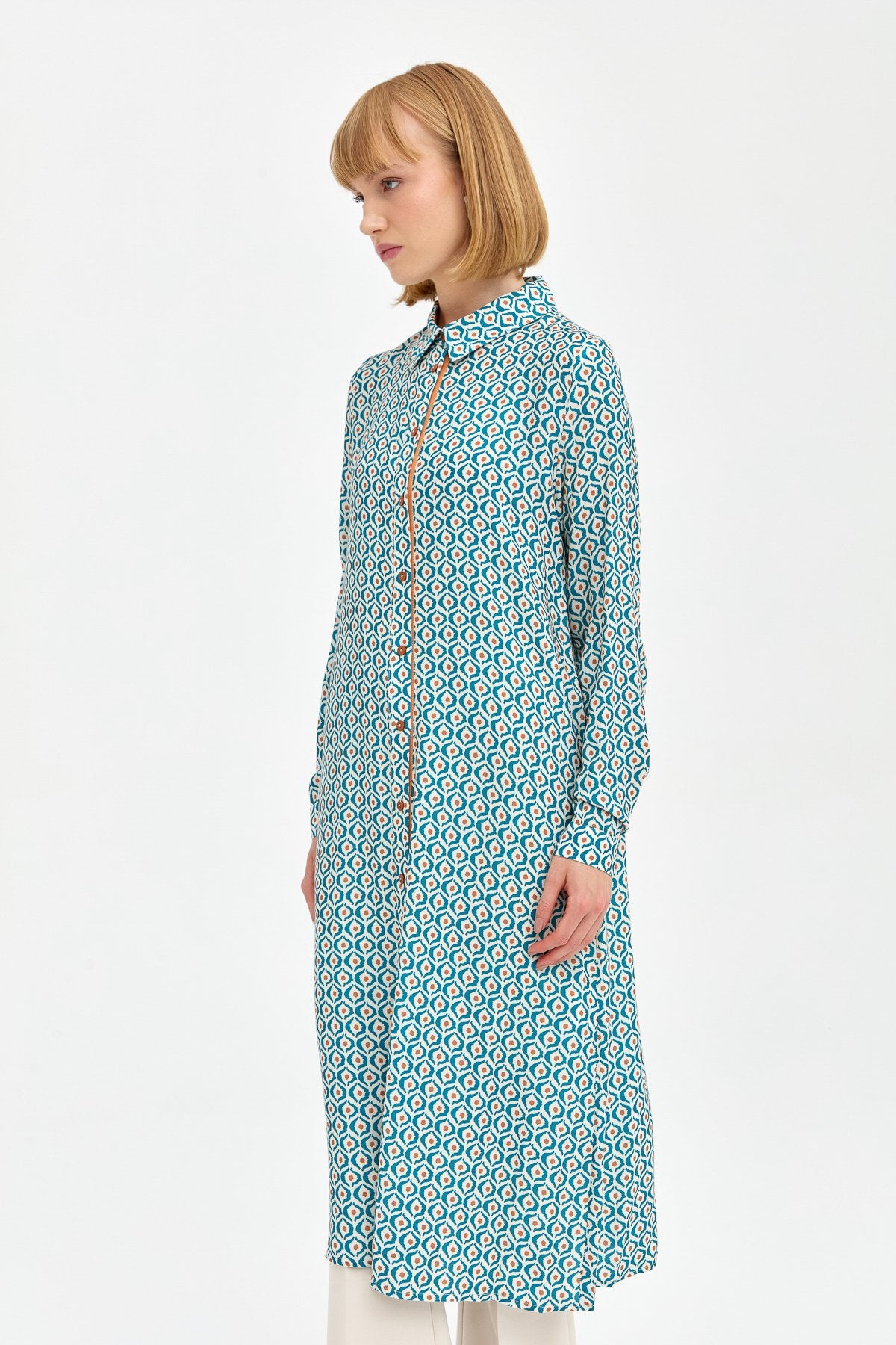 Patterned Fabric Straight Cut Tunic - Petrol
