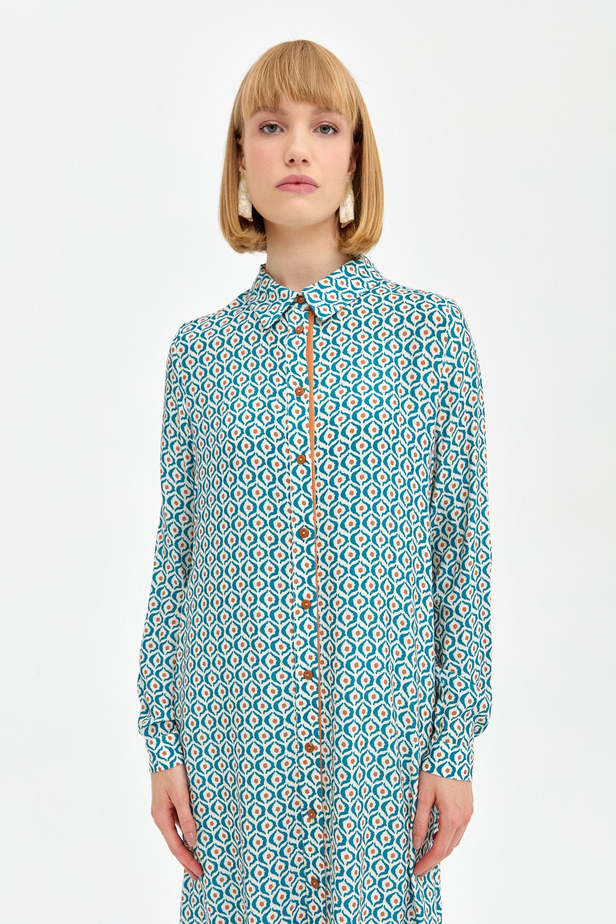 Patterned Fabric Straight Cut Tunic - Petrol