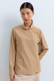 Dik Yaka Basic Örme Bluz - Camel