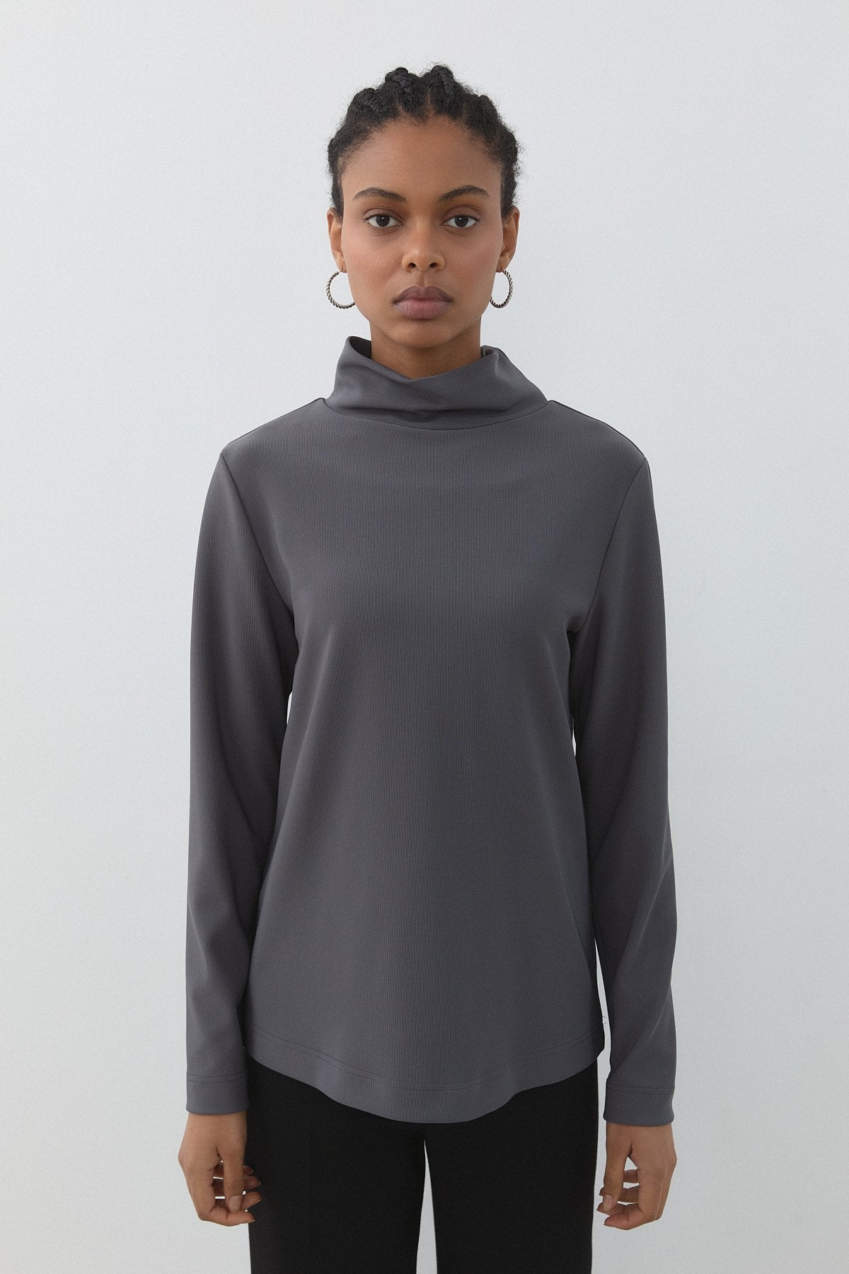 Dik Yaka Basic Örme Bluz - Füme