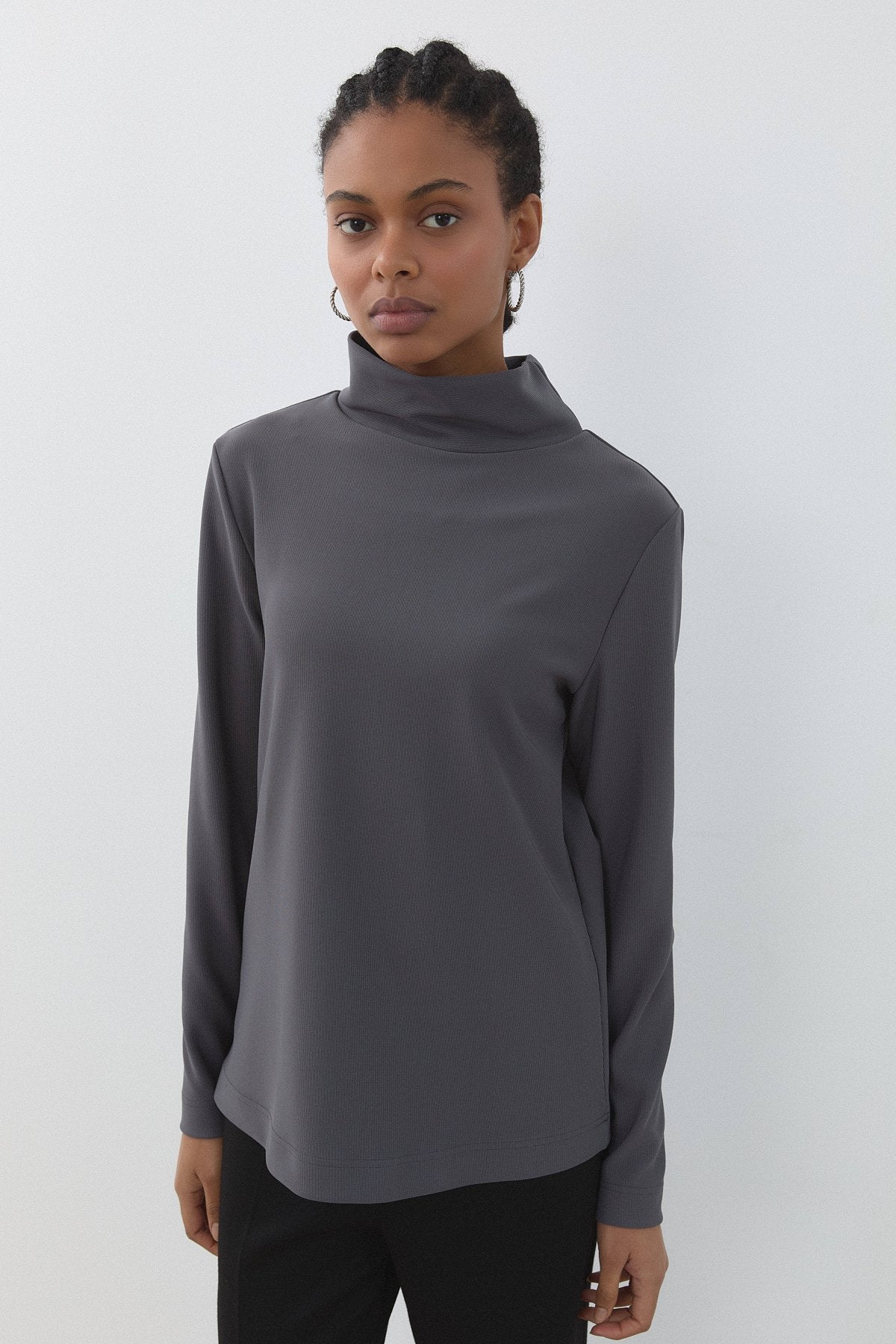 Dik Yaka Basic Örme Bluz - Füme