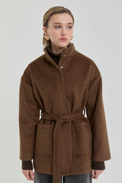 Stand-collar belted coat - Light brown