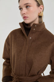 Stand-collar belted coat - Light brown
