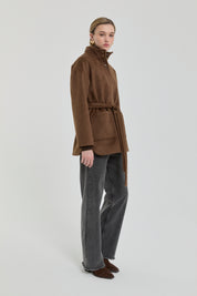 Stand-collar belted coat - Light brown