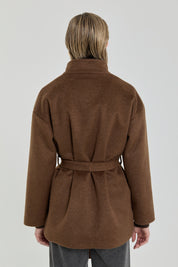 Stand-collar belted coat - Light brown