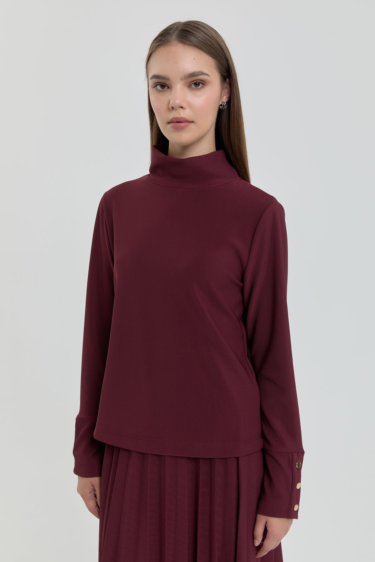 Dik Yaka Örme Basic Bluz - Bordo