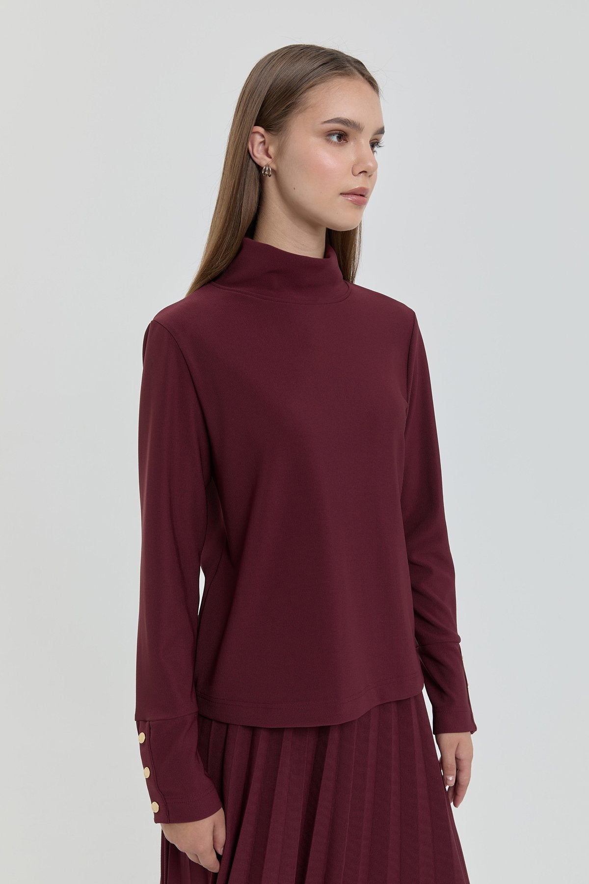 Stand-up Collar Knitted Basic Blouse - Burgundy