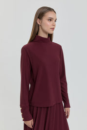 Stand-up Collar Knitted Basic Blouse - Burgundy