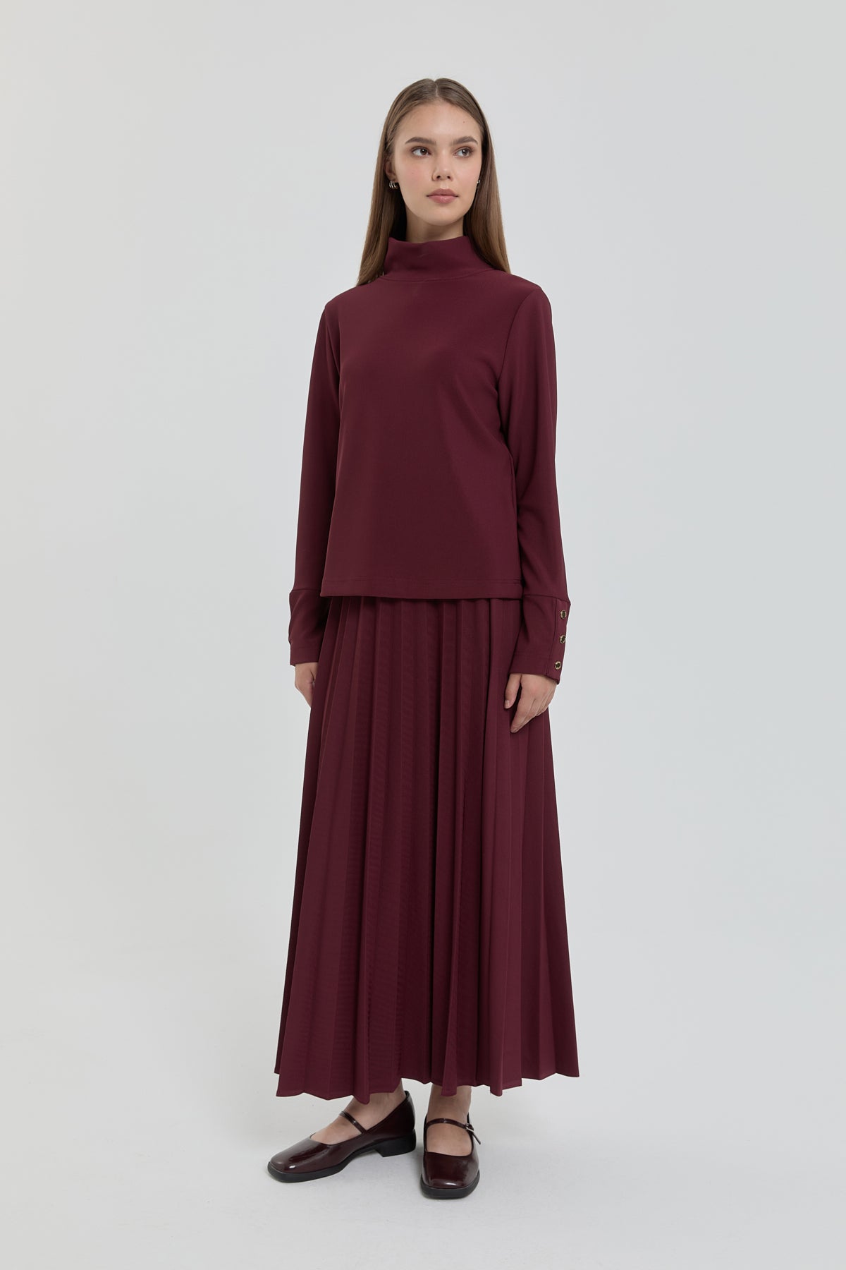 Stand-up Collar Knitted Basic Blouse - Burgundy