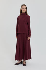 Stand-up Collar Knitted Basic Blouse - Burgundy