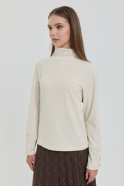 Dik Yaka Örme Basic Bluz - Ekru