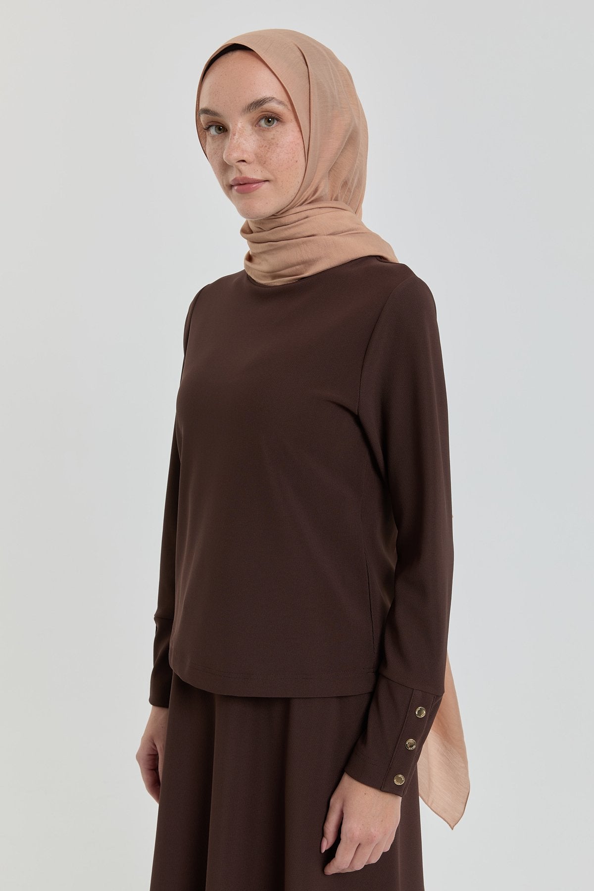 Dik Yaka Örme Basic Bluz - Kahve