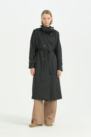 Dik Yaka Oversize Trençkot - Siyah