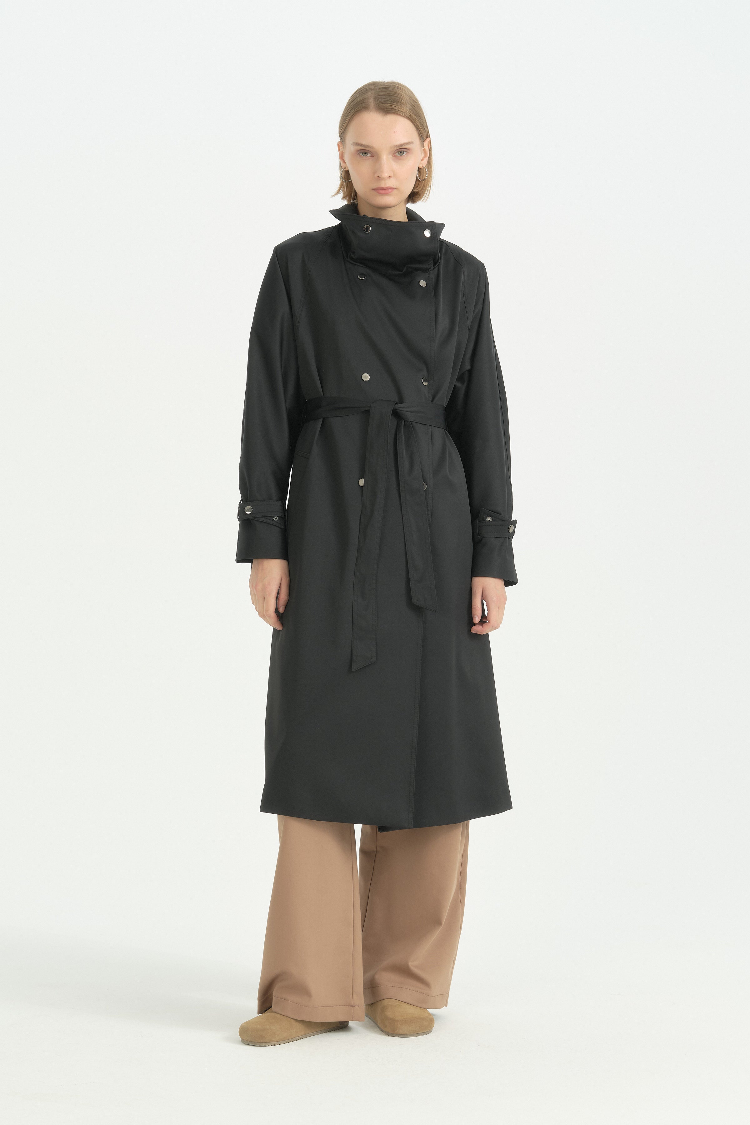 Dik Yaka Oversize Trençkot - Siyah
