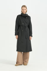 Dik Yaka Oversize Trençkot - Siyah