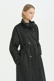 Dik Yaka Oversize Trençkot - Siyah