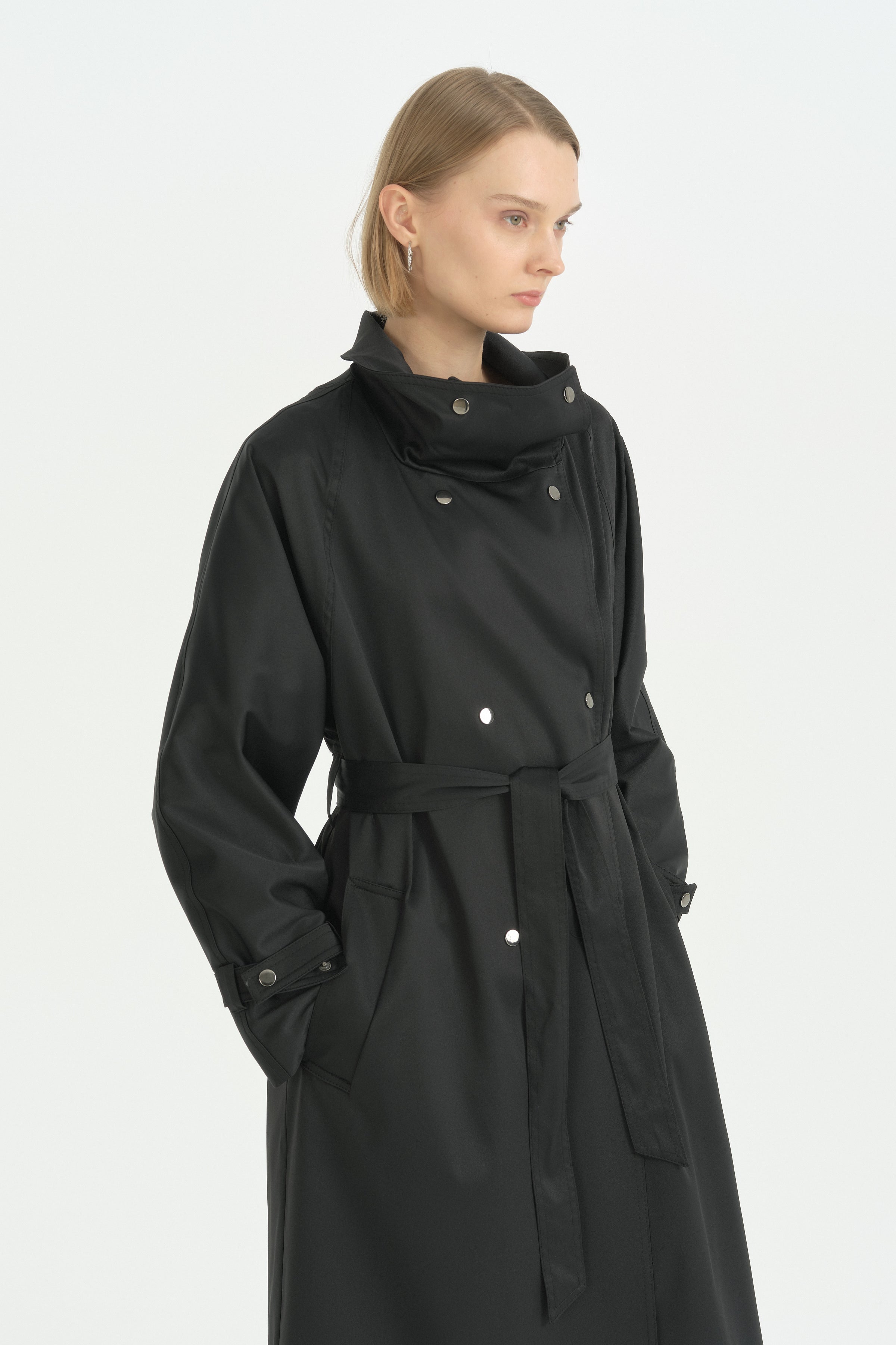 Dik Yaka Oversize Trençkot - Siyah