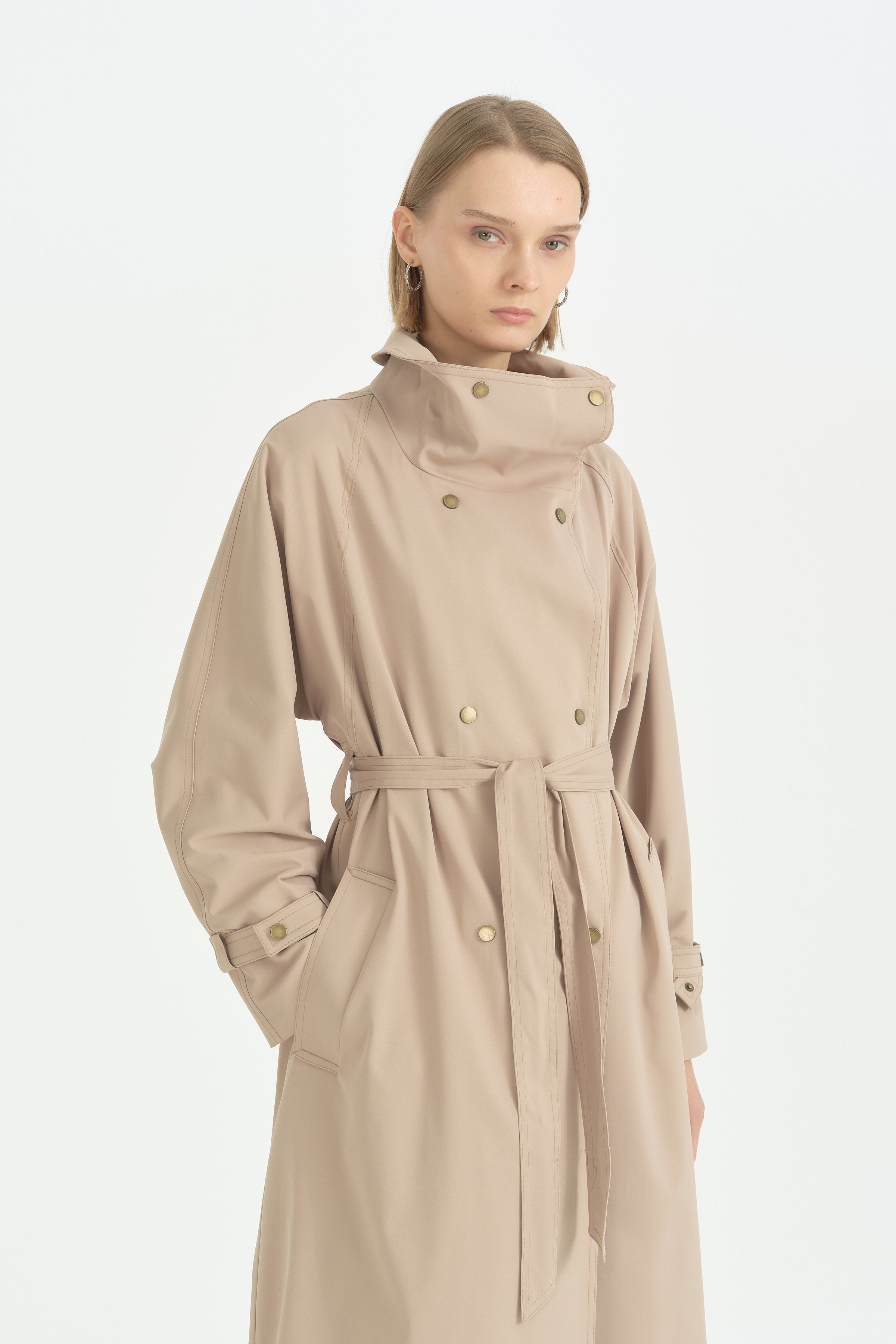 Dik Yaka Oversize Trençkot - Vizon