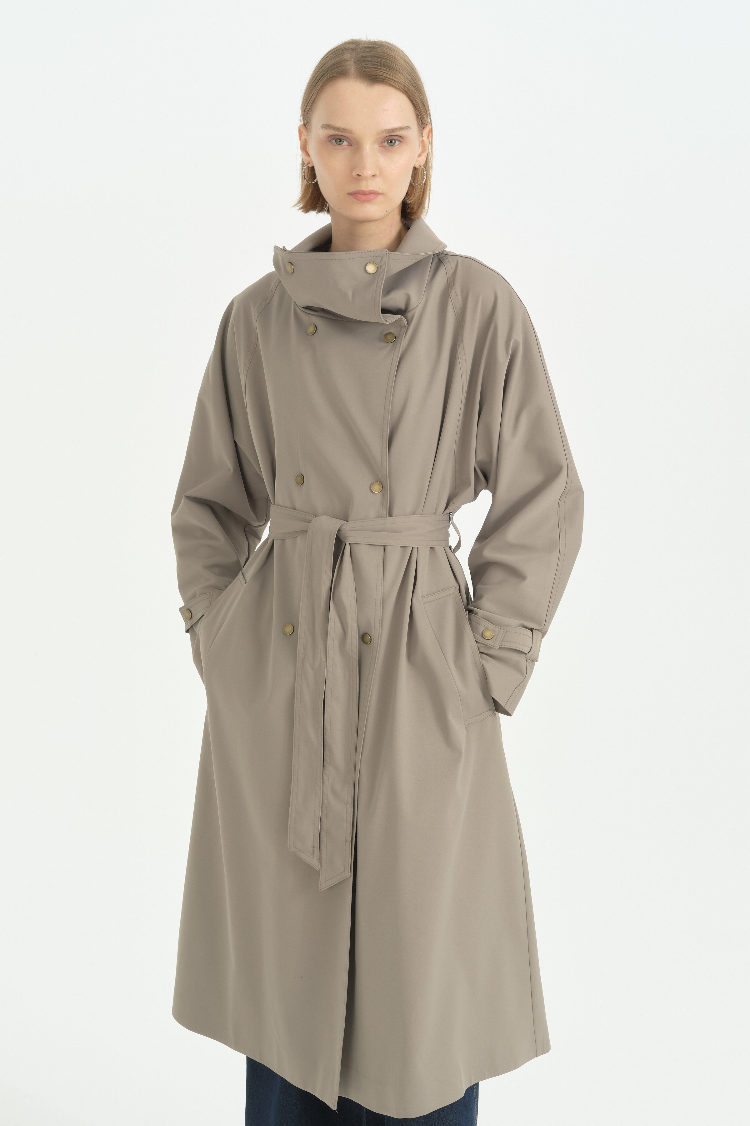 Dik Yaka Oversize Trençkot - Yeşil