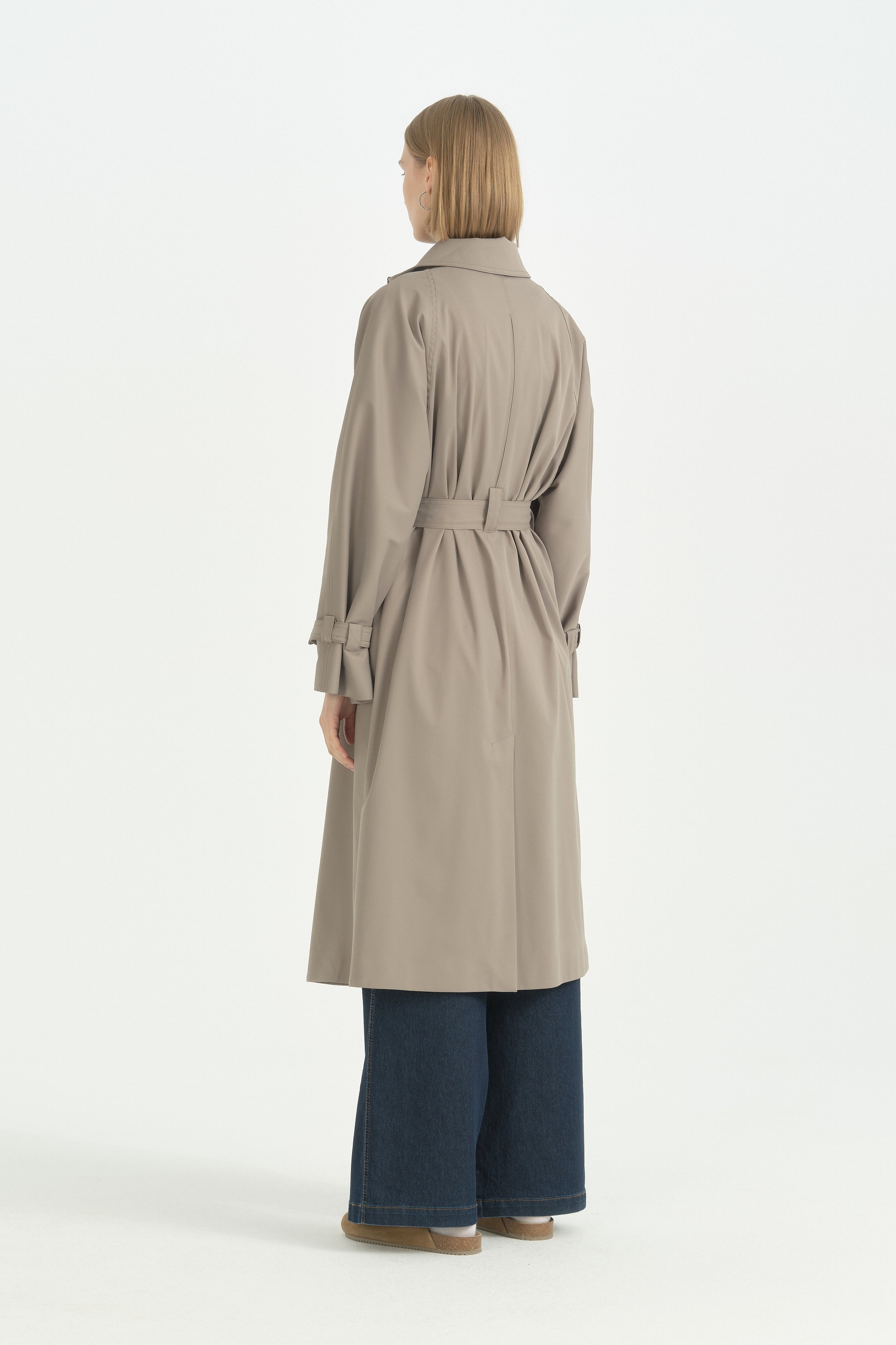 Dik Yaka Oversize Trençkot - Yeşil