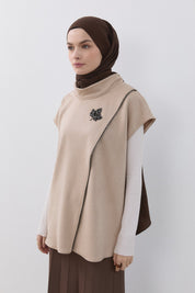High-Neck Suede Sweater - Beige