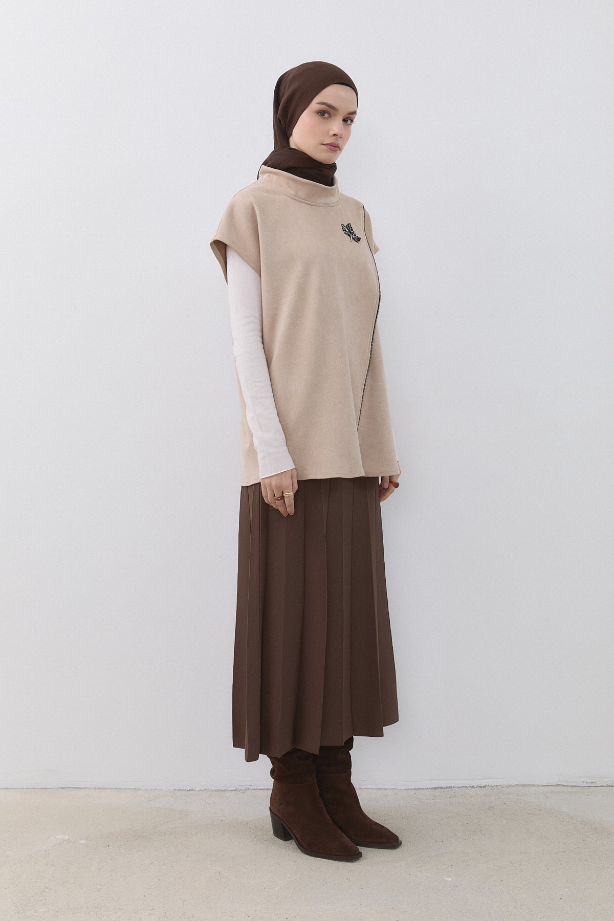 High-Neck Suede Sweater - Beige
